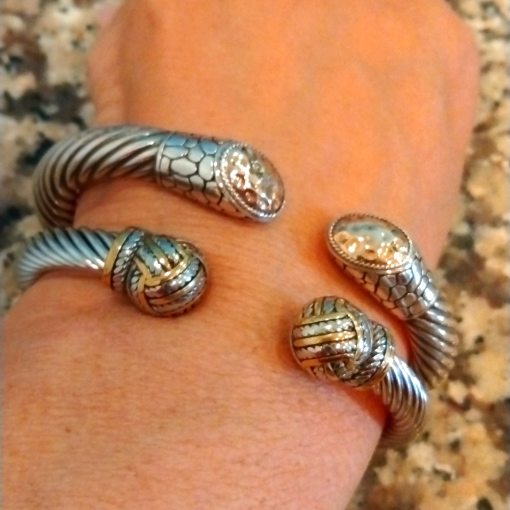 Gold & Silver cuff bracelet with round end caps as pictured. Start layering